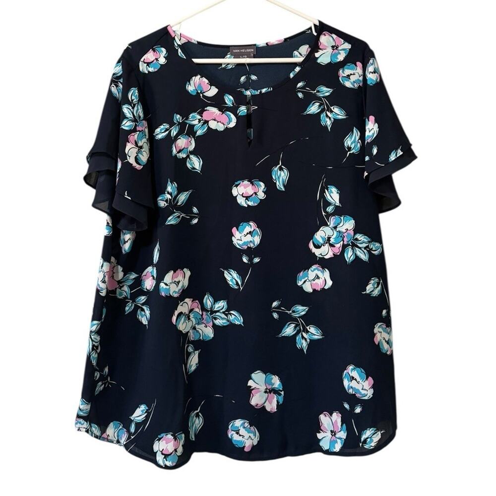 Van Heusen Women Size Large Floral Blouse Lightweight Blue Polyester Cottagecore